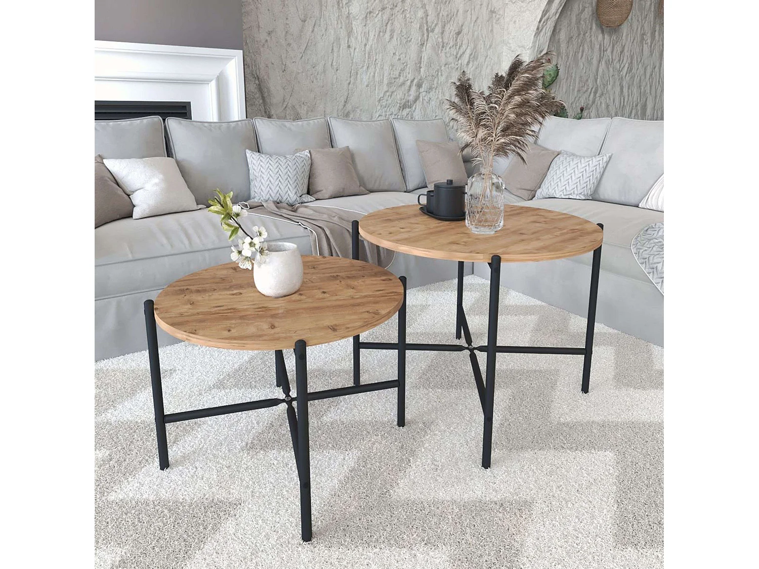 Pack 2 Mesas Centro Redondas Rus Estilo Industrial Roble Claro/Negro