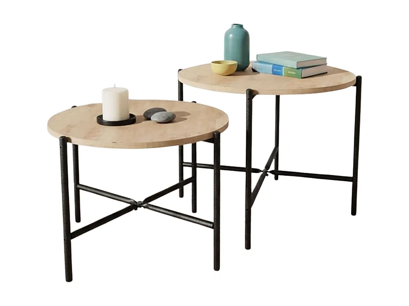 Pack 2 Mesas Centro Redondas Rus Estilo Industrial Roble Claro/Negro