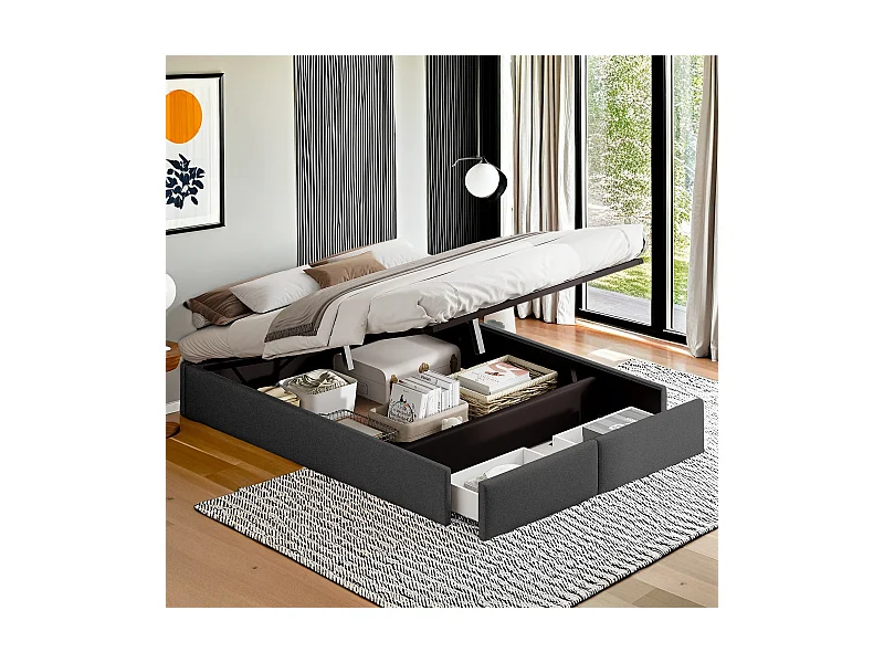 Lit capitonné 140 x 200cm, lit plateforme, lit capitonné sans tête de lit, avec rangement hydraulique et 2 tiroirs, gris