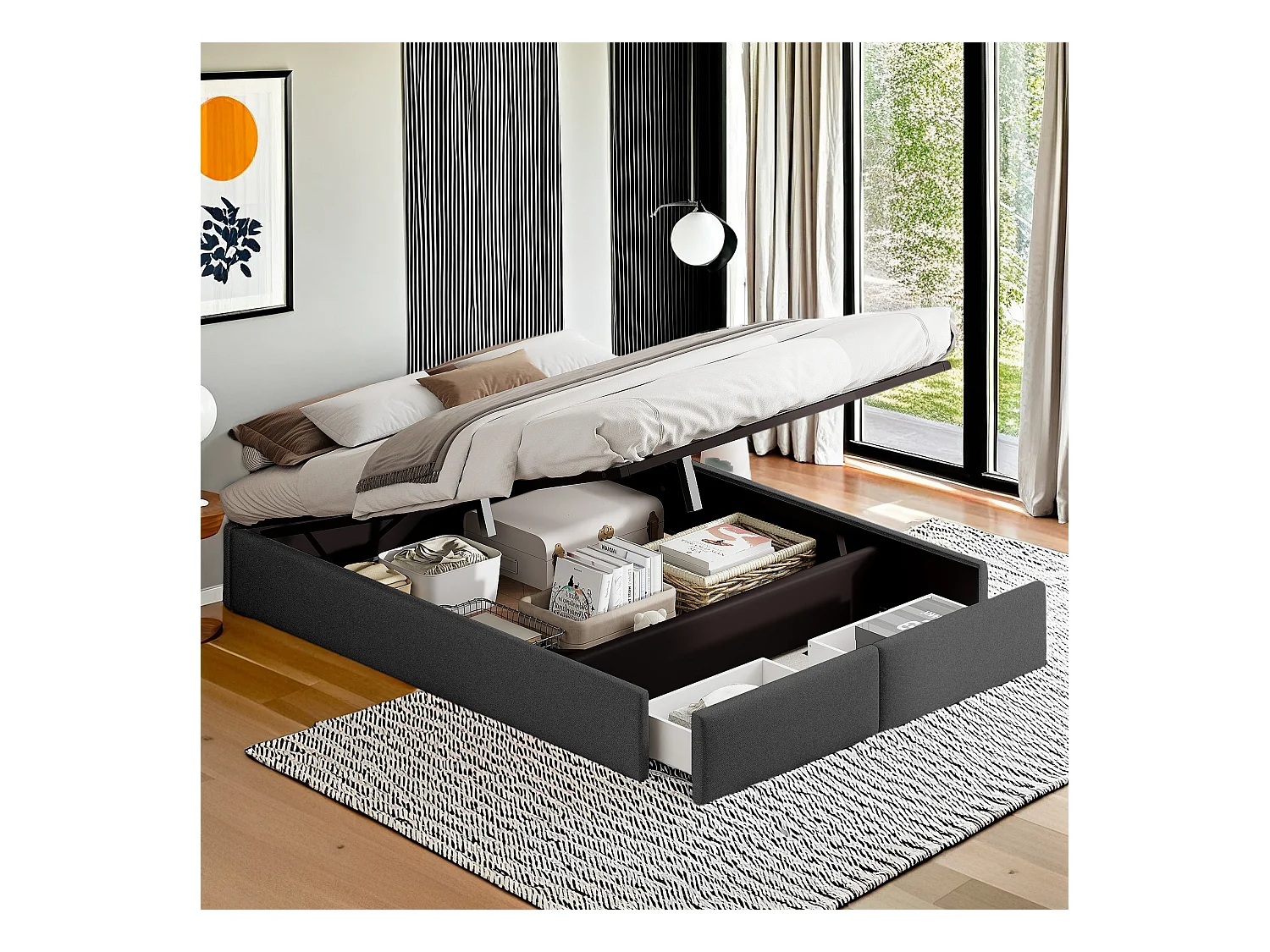 Lit capitonné 140 x 200cm, lit plateforme, lit capitonné sans tête de lit, avec rangement hydraulique et 2 tiroirs, gris