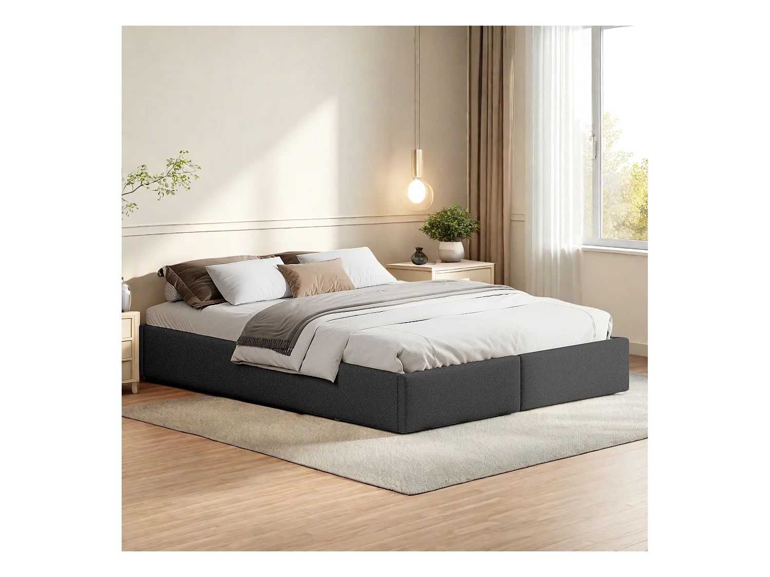 Lit capitonné 140 x 200cm, lit plateforme, lit capitonné sans tête de lit, avec rangement hydraulique et 2 tiroirs, gris