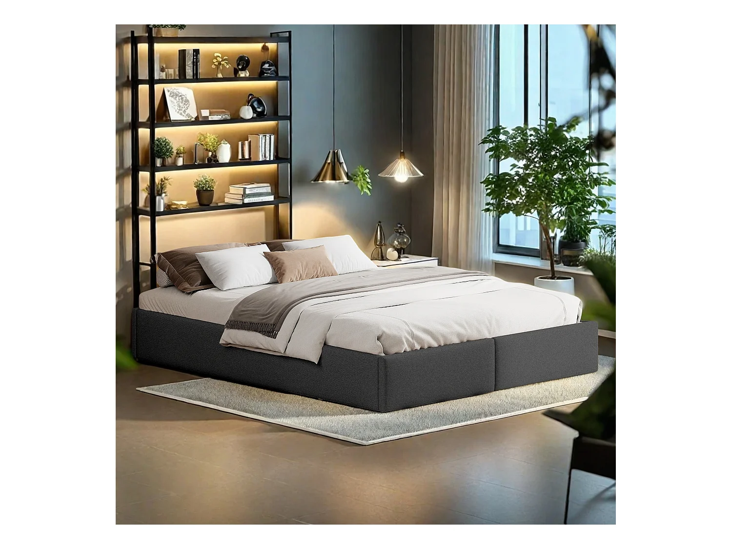 Lit capitonné 140 x 200cm, lit plateforme, lit capitonné sans tête de lit, avec rangement hydraulique et 2 tiroirs, gris