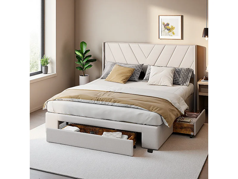 Tweepersoonsbed van 160x200 cm in beige linnen met 3 lades, gestoffeerd bedframe - Milieuvriendelijke stof, zacht en comfortabel, gemakkelijk te onderhouden