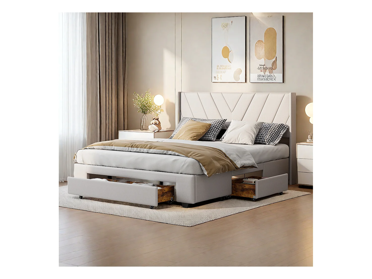 Letto matrimoniale 160x200cm in lino beige con 3 cassetti, struttura letto imbottita - Tessuto ecologico, morbido e confortevole, facile da pulire