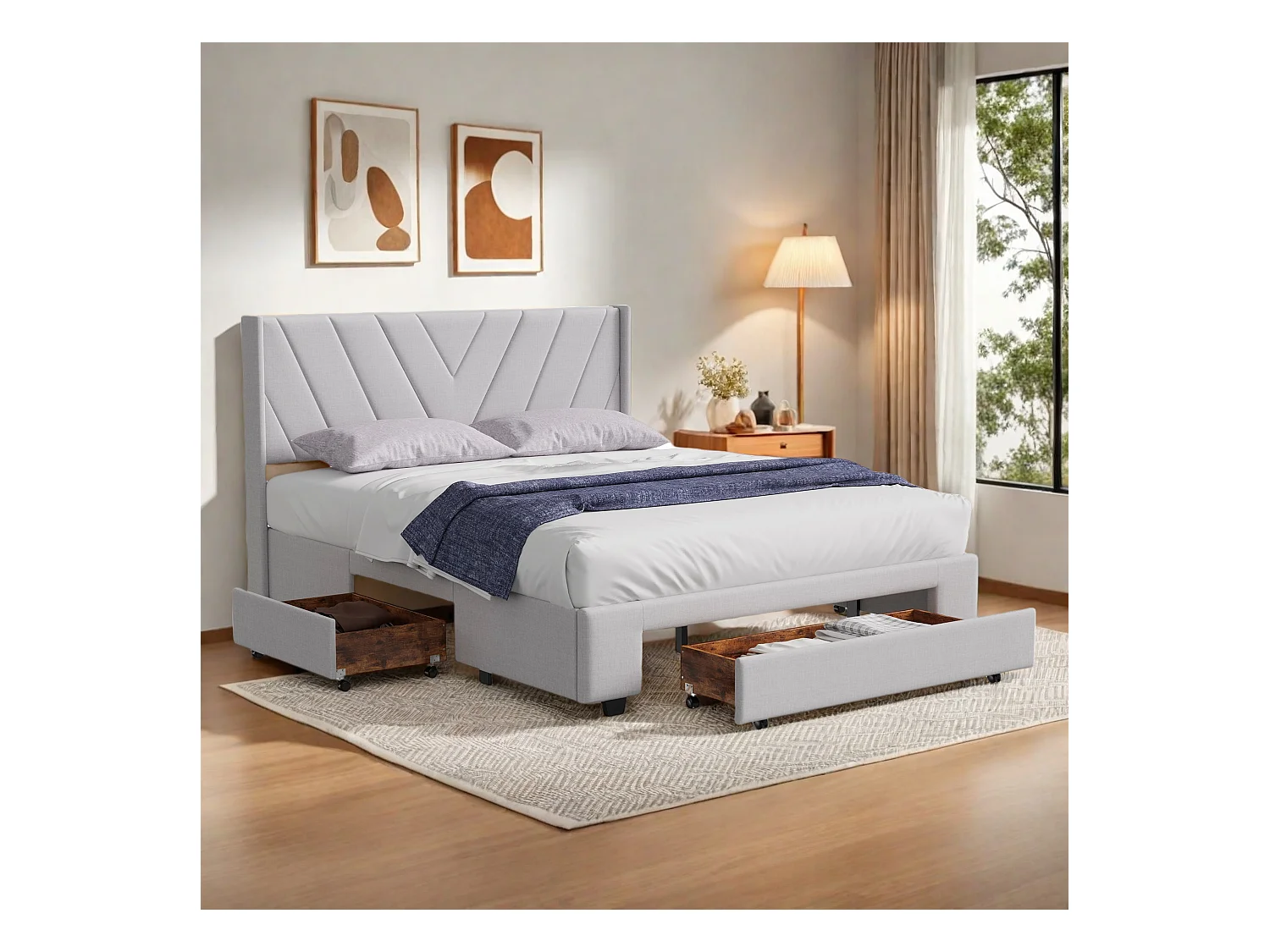 Letto matrimoniale 160x200cm in lino beige con 3 cassetti, struttura letto imbottita - Tessuto ecologico, morbido e confortevole, facile da pulire