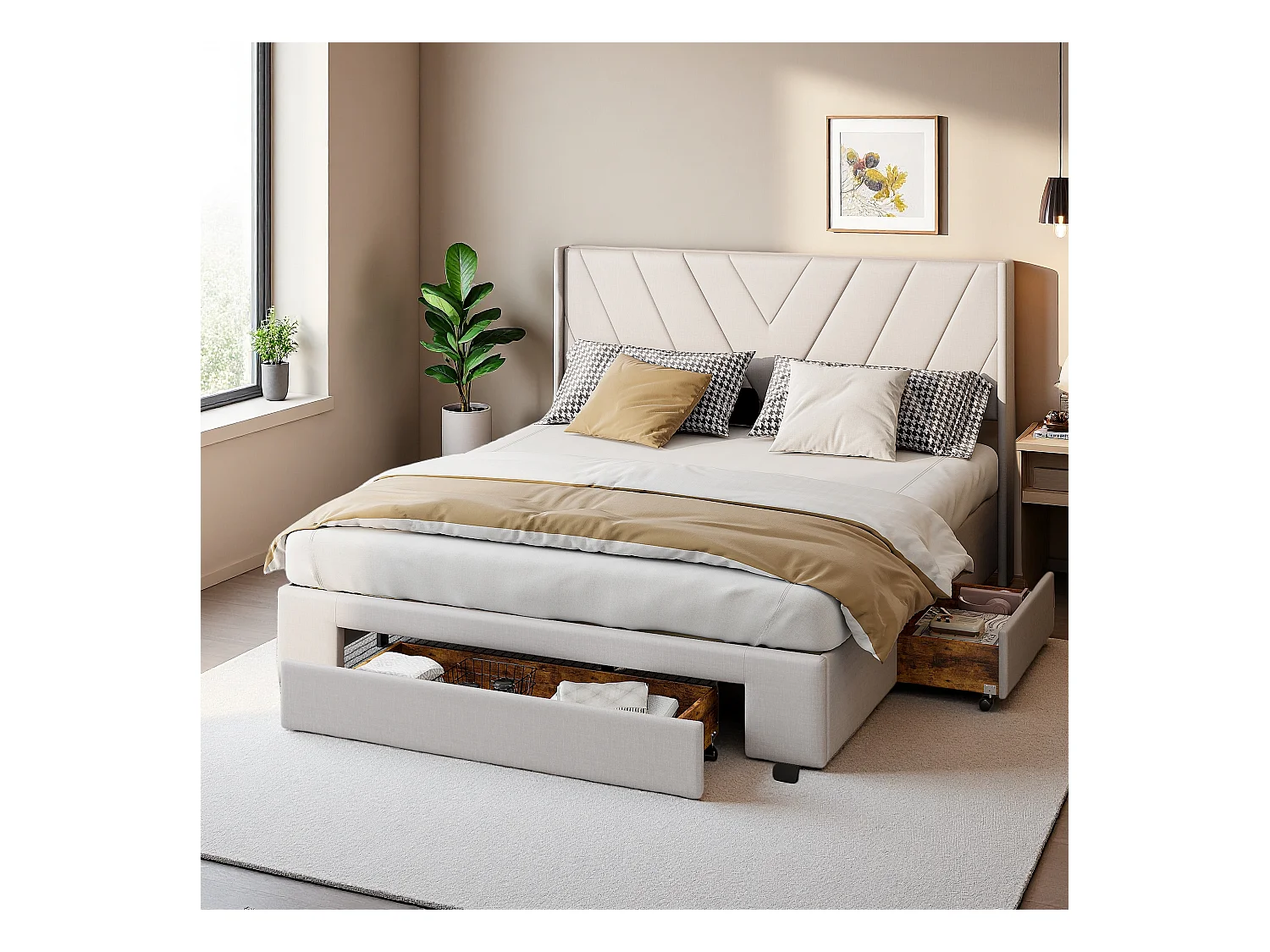 Cama doble de 160 x 200 cm en lino beige con 3 cajones y estructura tapizada - Tejido ecológico, suave y cómodo, fácil de limpiar