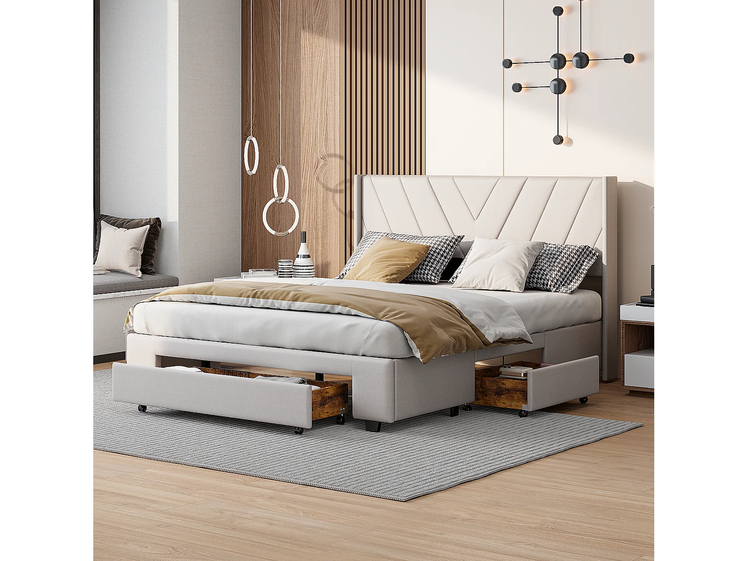 Lit double 160x200cm en lin beige avec 3 tiroirs，Cadre de lit rembourré  – Tissu écologique, doux & confortable, facile à entretenir