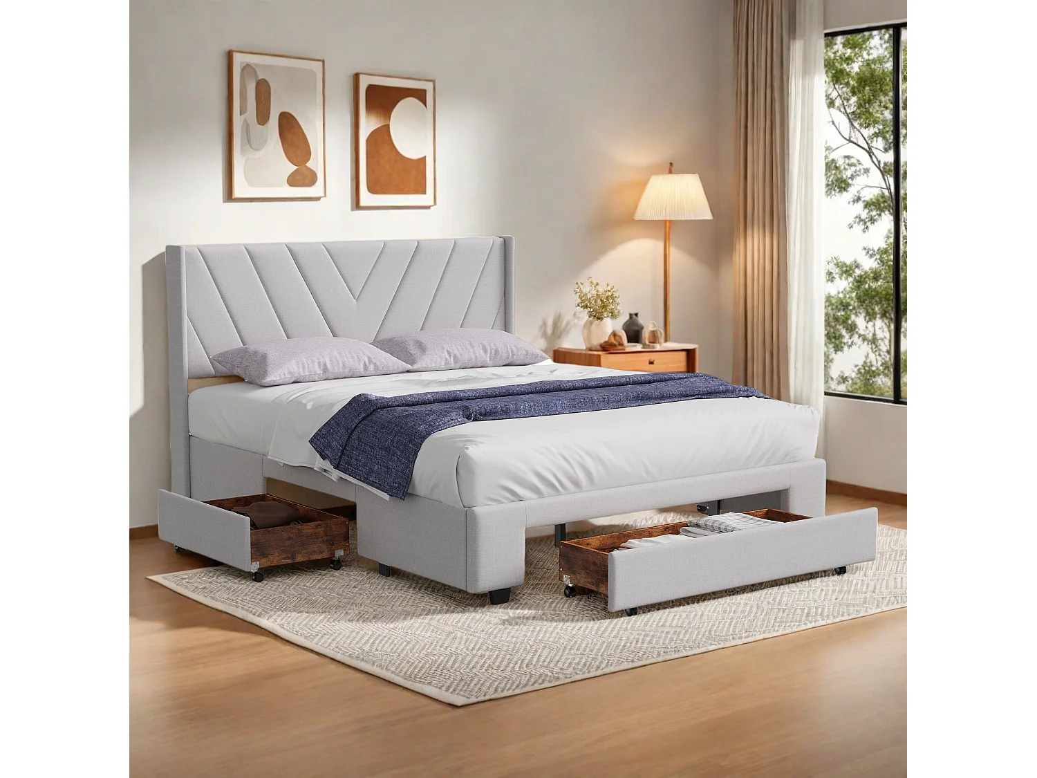 Lit double 160x200cm en lin beige avec 3 tiroirs，Cadre de lit rembourré  – Tissu écologique, doux & confortable, facile à entretenir