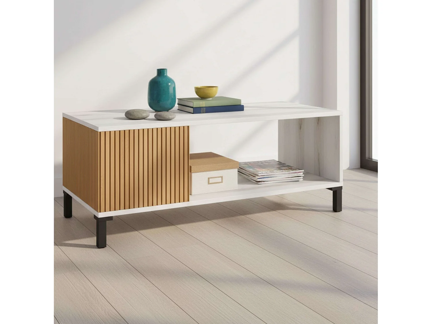 Mesa Centro Tokio Estilo Nórdico Roble Ryado Blanco Albo 100x41 cm