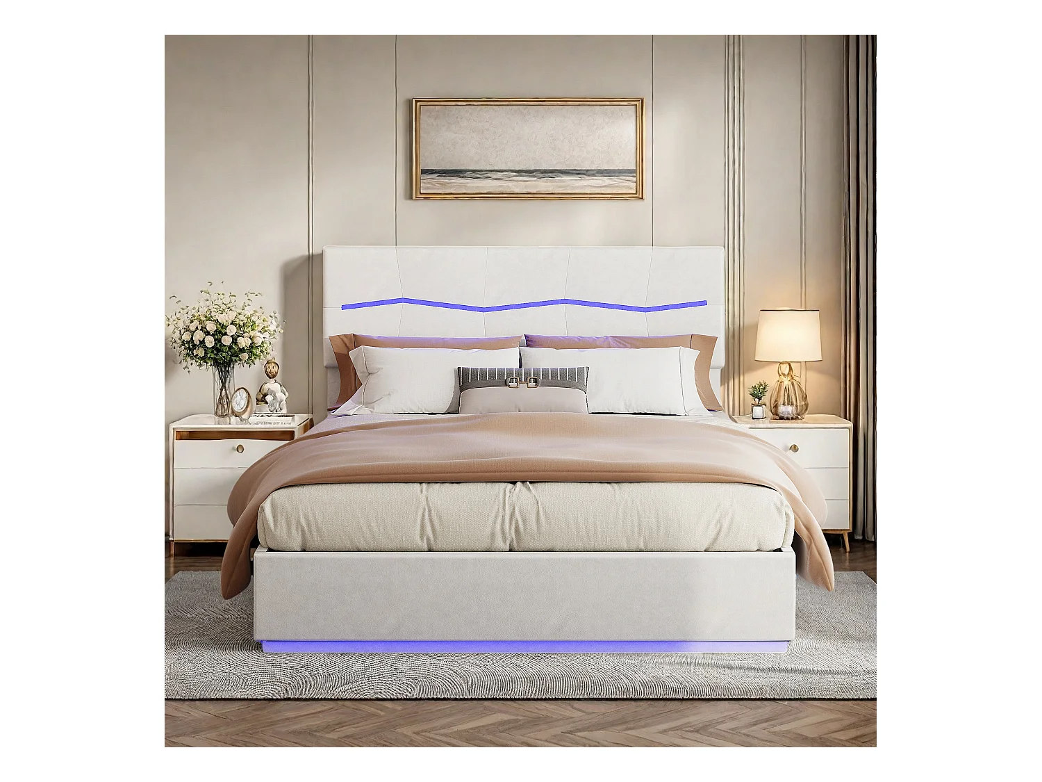 Letto contenitore 160x200cm in PU beige con testiera e base a LED multicolore, porte di ricarica UE, design imbottito e contenitore idraulico