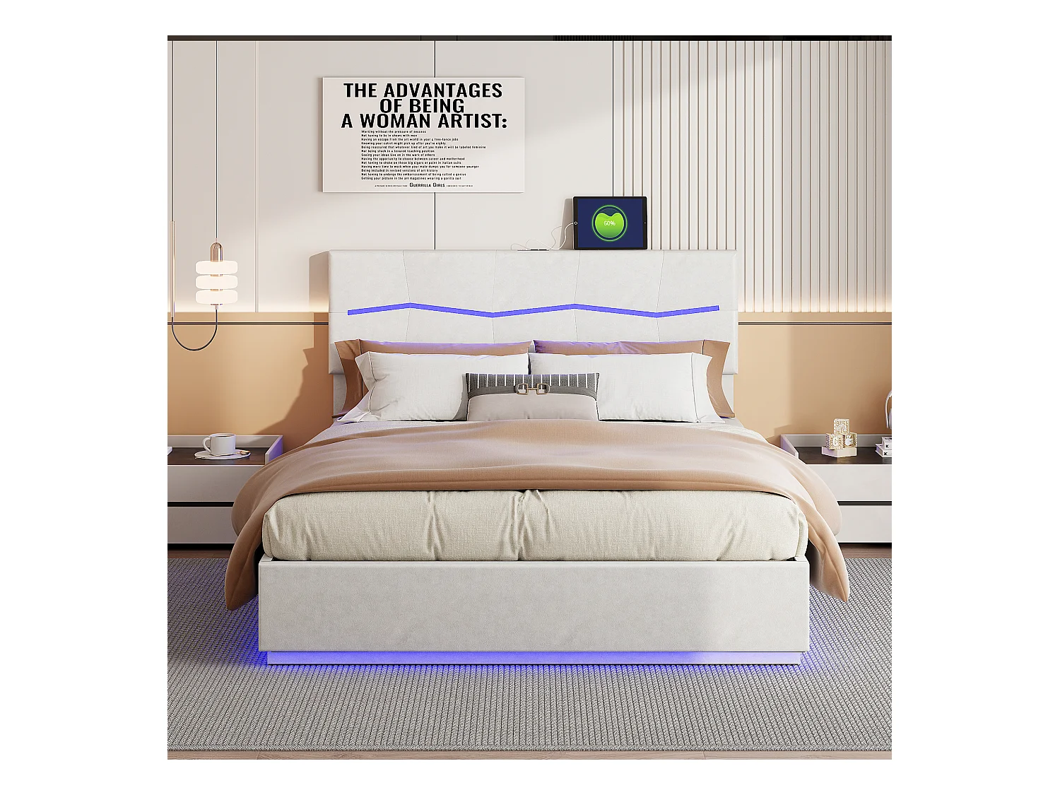 Letto contenitore 160x200cm in PU beige con testiera e base a LED multicolore, porte di ricarica UE, design imbottito e contenitore idraulico