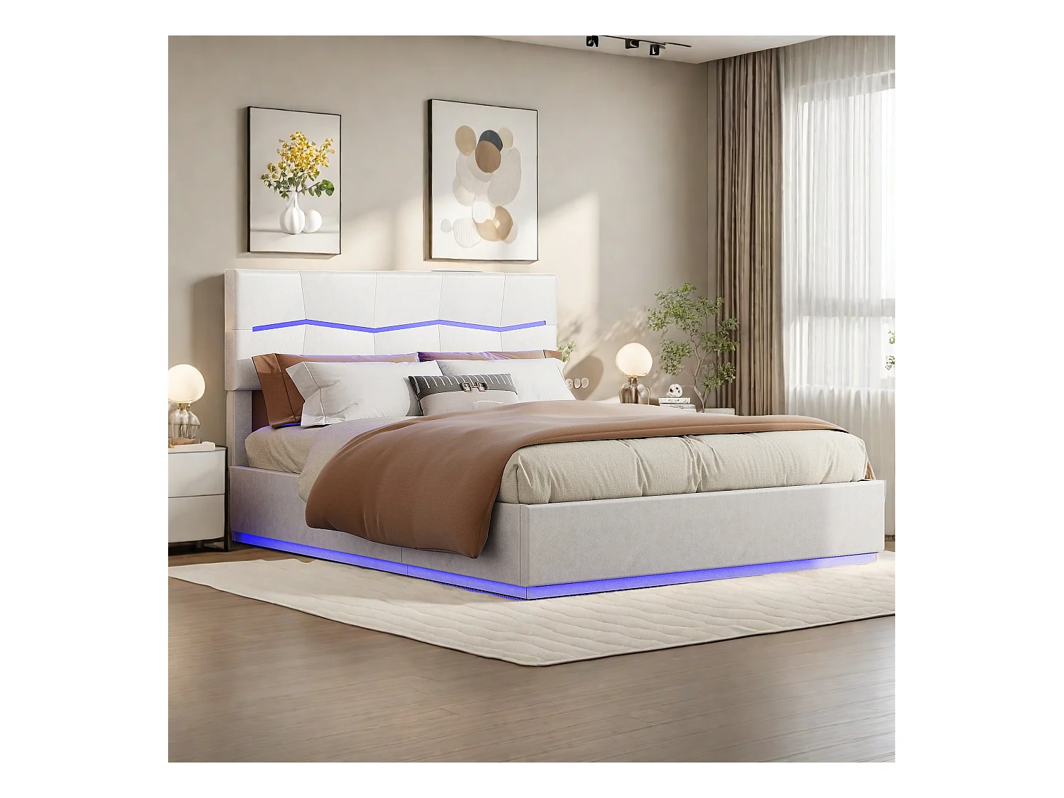 Lit coffre 160x200cm en PU beige avec LED multicolores tête & base, ports de charge EU, design capitonné & rangement hydraulique