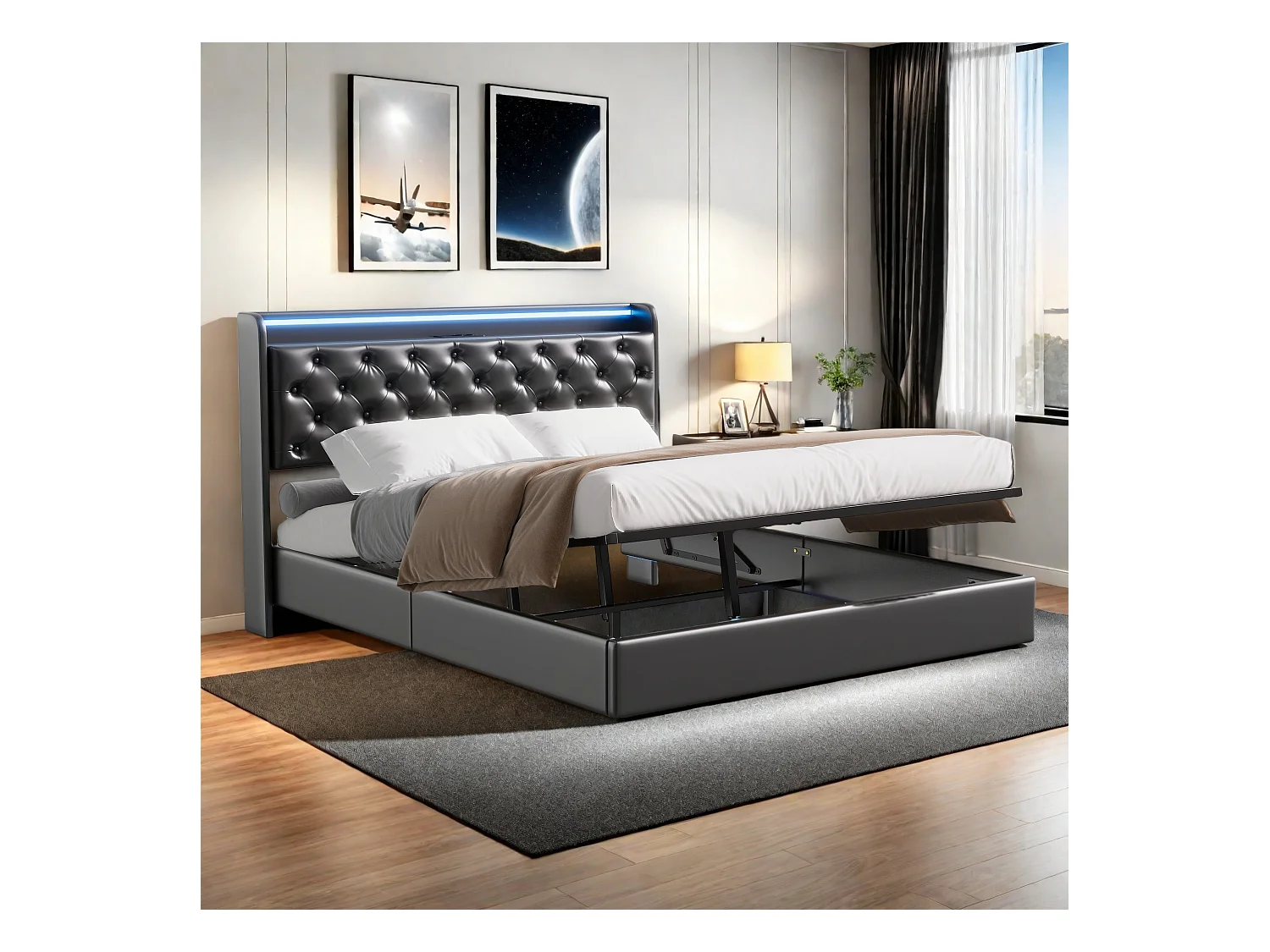 Lit flottant 160x200cm en PU avec LED tête & corps, rangement tête de lit rembourrée & prise EU – Design moderne et pratique