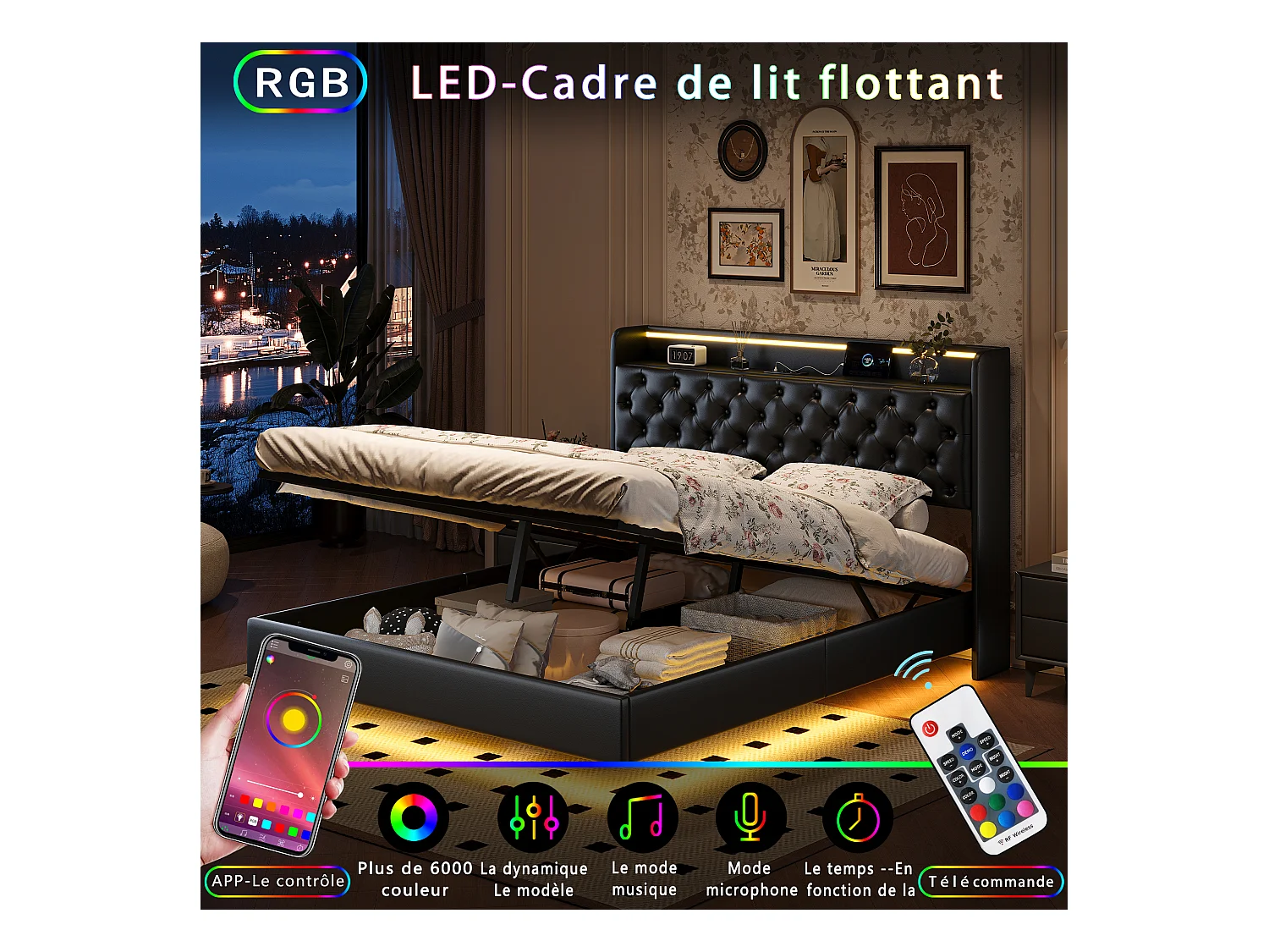 Lit flottant 160x200cm en PU avec LED tête & corps, rangement tête de lit rembourrée & prise EU – Design moderne et pratique