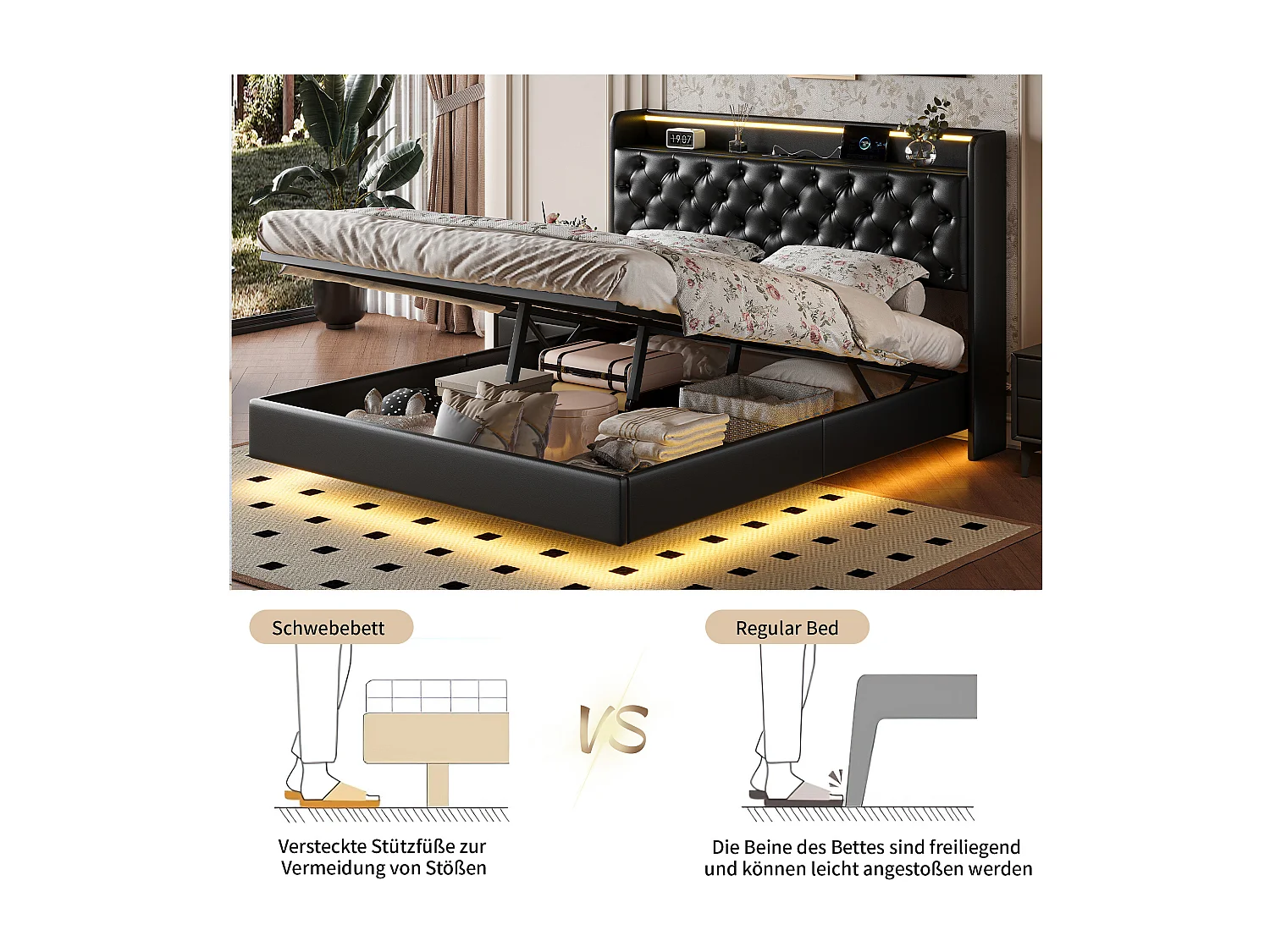 Lit flottant 160x200cm en PU avec LED tête & corps, rangement tête de lit rembourrée & prise EU – Design moderne et pratique