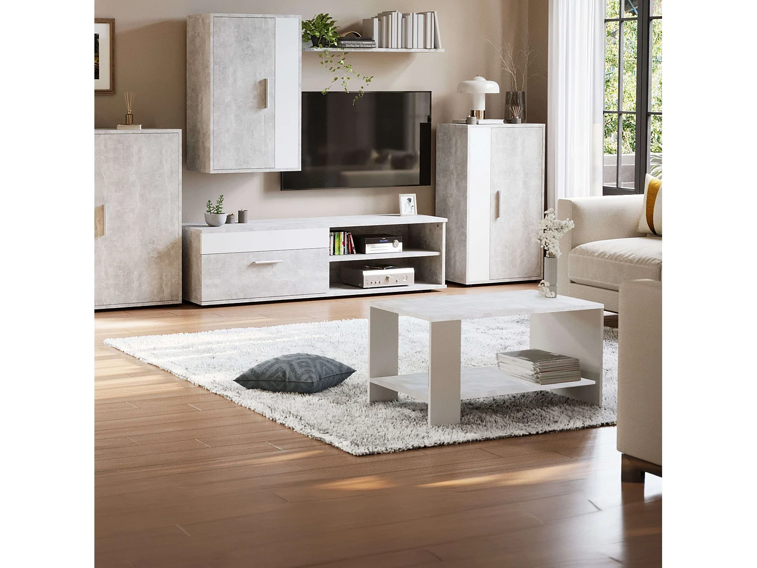 Mesa de centro Mira para sala de estar, cor cimento branco, melamina, 90x50x46 cm