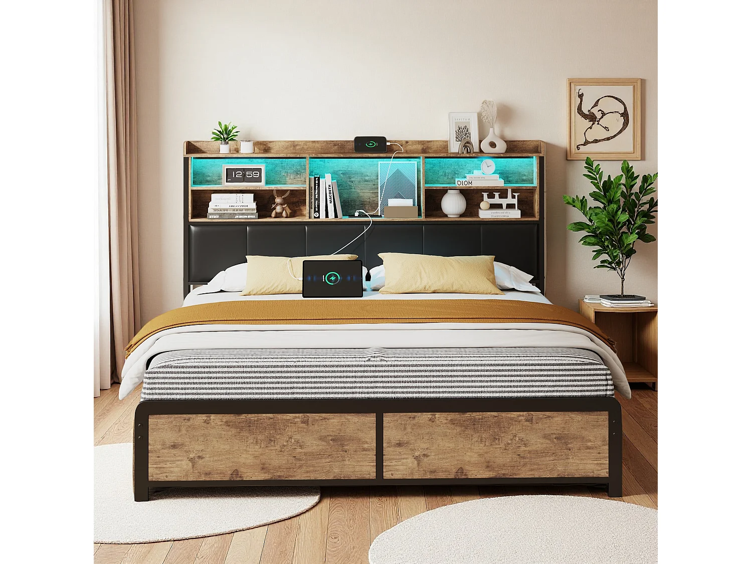 Cama de casal 140x200cm com estrutura metálica de 600 kg, 4 gavetas de armazenamento, porta USB, iluminação LED, cabeceira confortável em PU