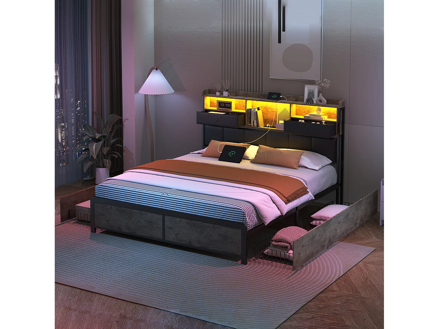 Cama de casal 140x200cm com estrutura metálica de 600 kg, 4 gavetas de armazenamento, porta USB, iluminação LED, cabeceira confortável em PU