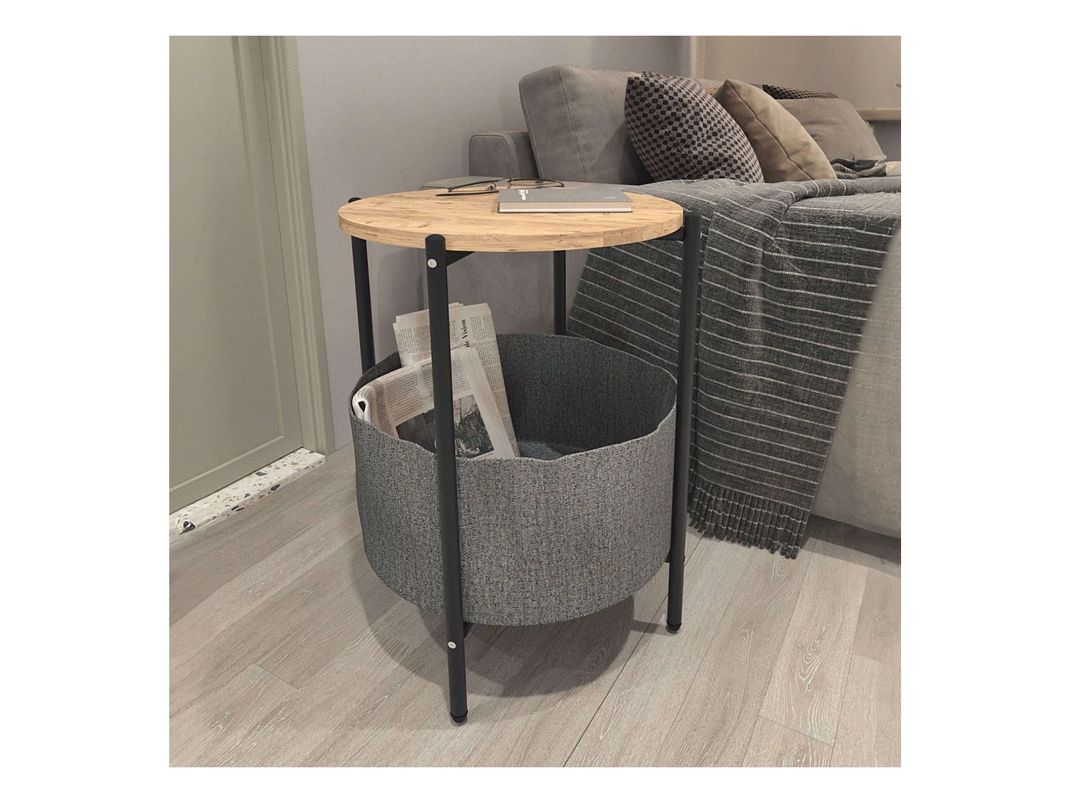 Nyx Mesa de Centro Gris 43x60cm Roble Safir, Patas Metal y Melamina