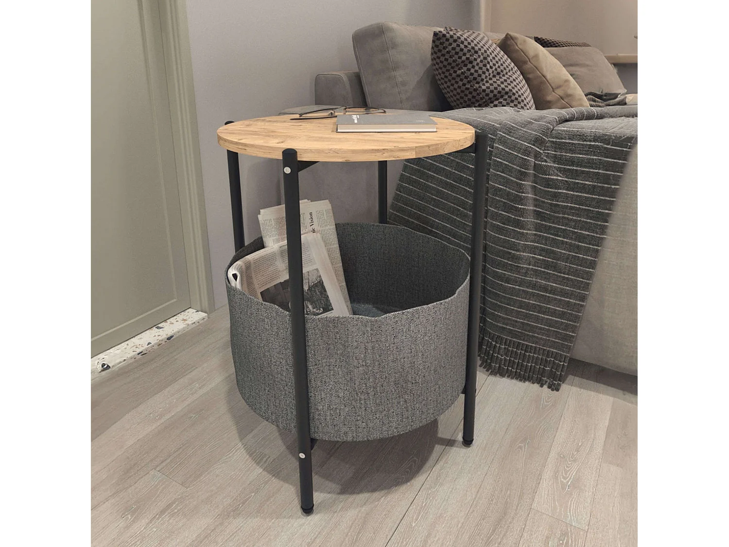 Nyx Mesa de Centro Gris 43x60cm Roble Safir, Patas Metal y Melamina