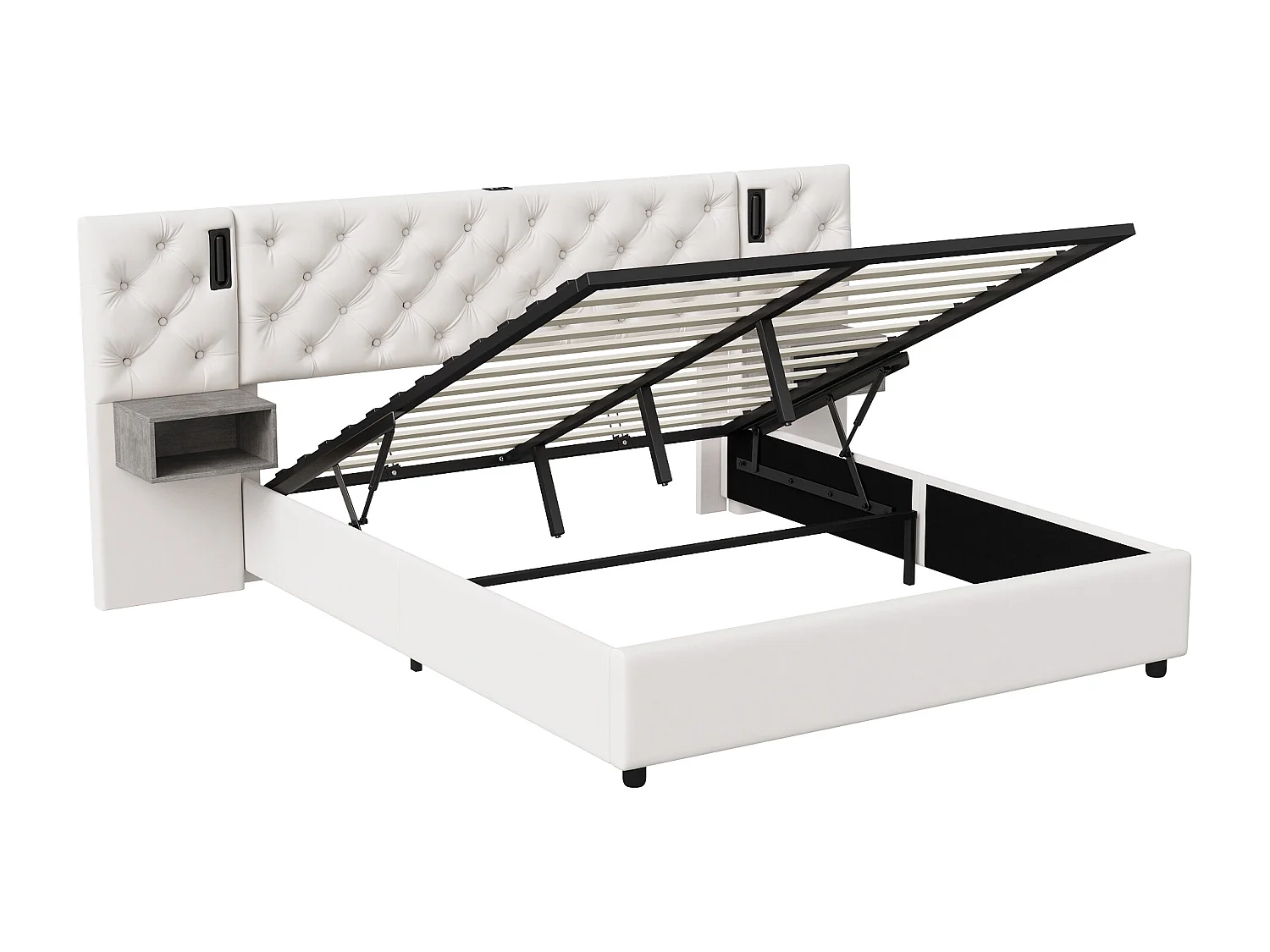 Wit gestoffeerd bed 160x200cm met gaslift, dubbele nachtkastjes en bedlampjes, fluwelen stof, moderne opbergmogelijkheden en comfort