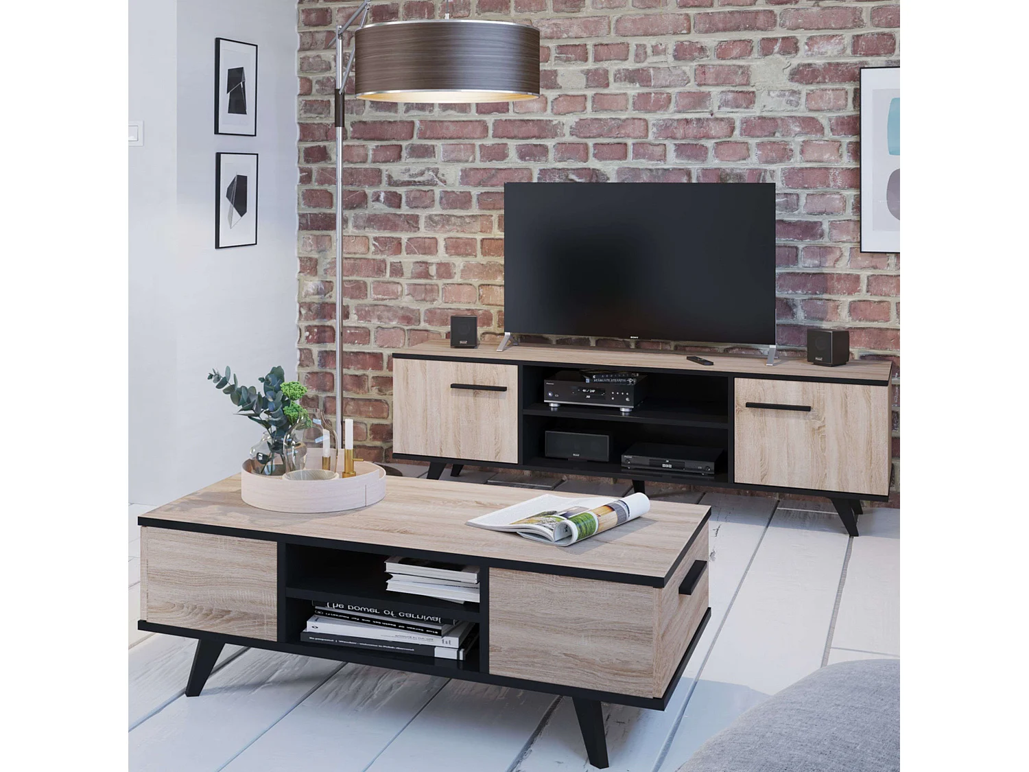 Mesa de Centro Wayne Living Room Carvalho/Preto 107x35x50 cm