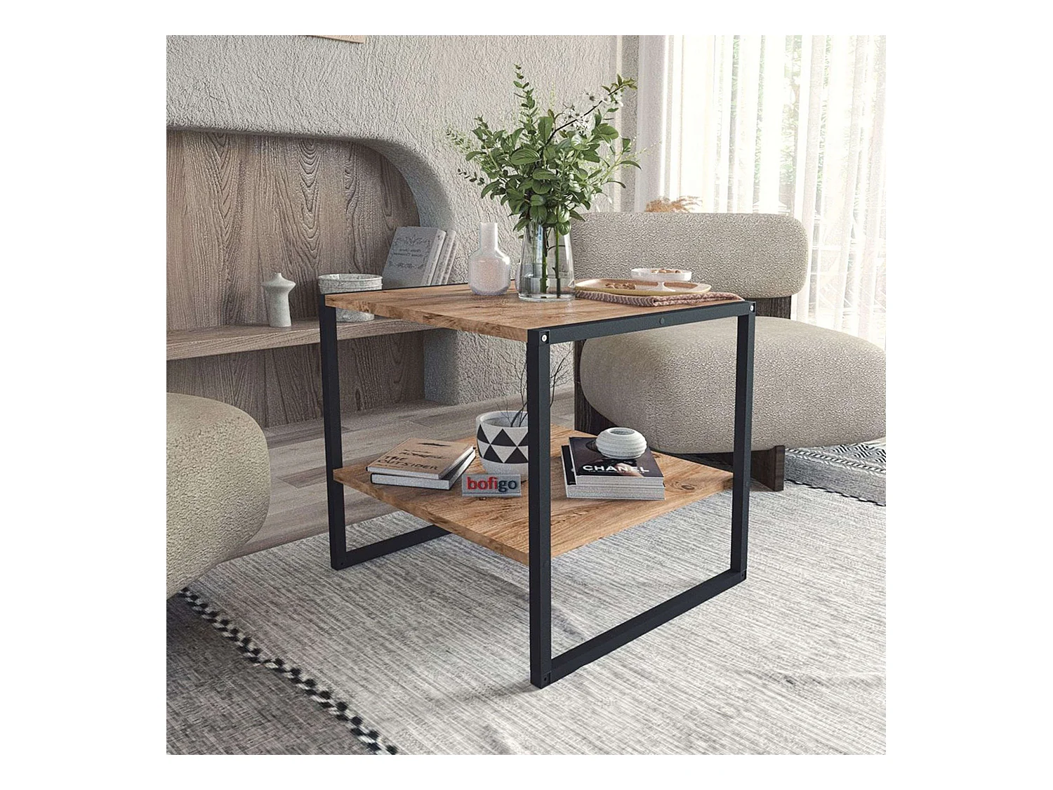 Mesa Centro Salón Rus Base Negra y Roble Safir 50 cm