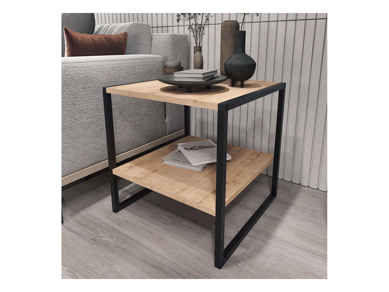 Mesa Centro Salón Rus Base Negra y Roble Safir 50 cm