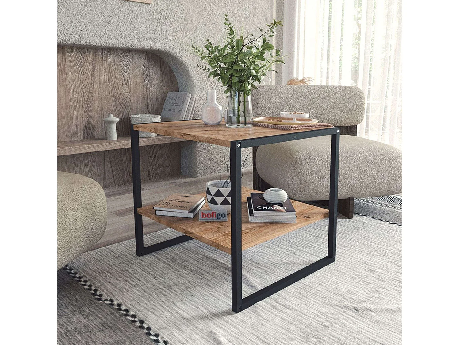 Mesa Centro Salón Rus Base Negra y Roble Safir 50 cm