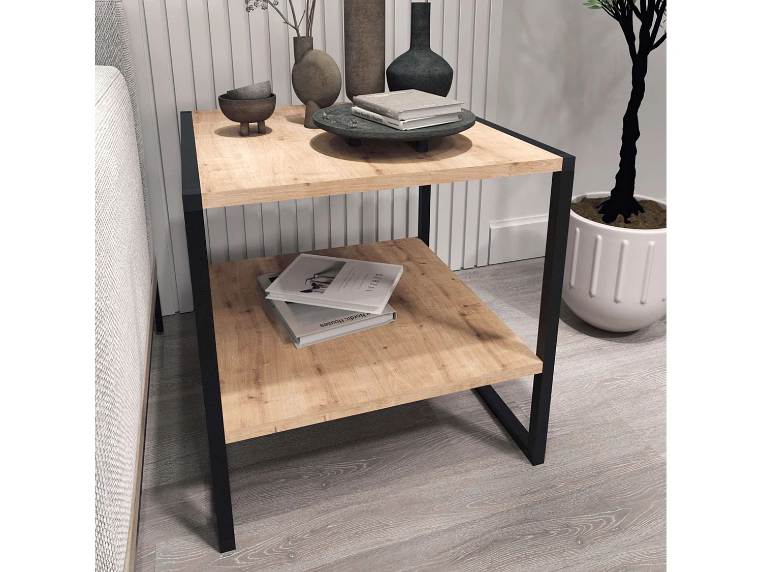 Mesa Centro Salón Rus Base Negra y Roble Safir 50 cm