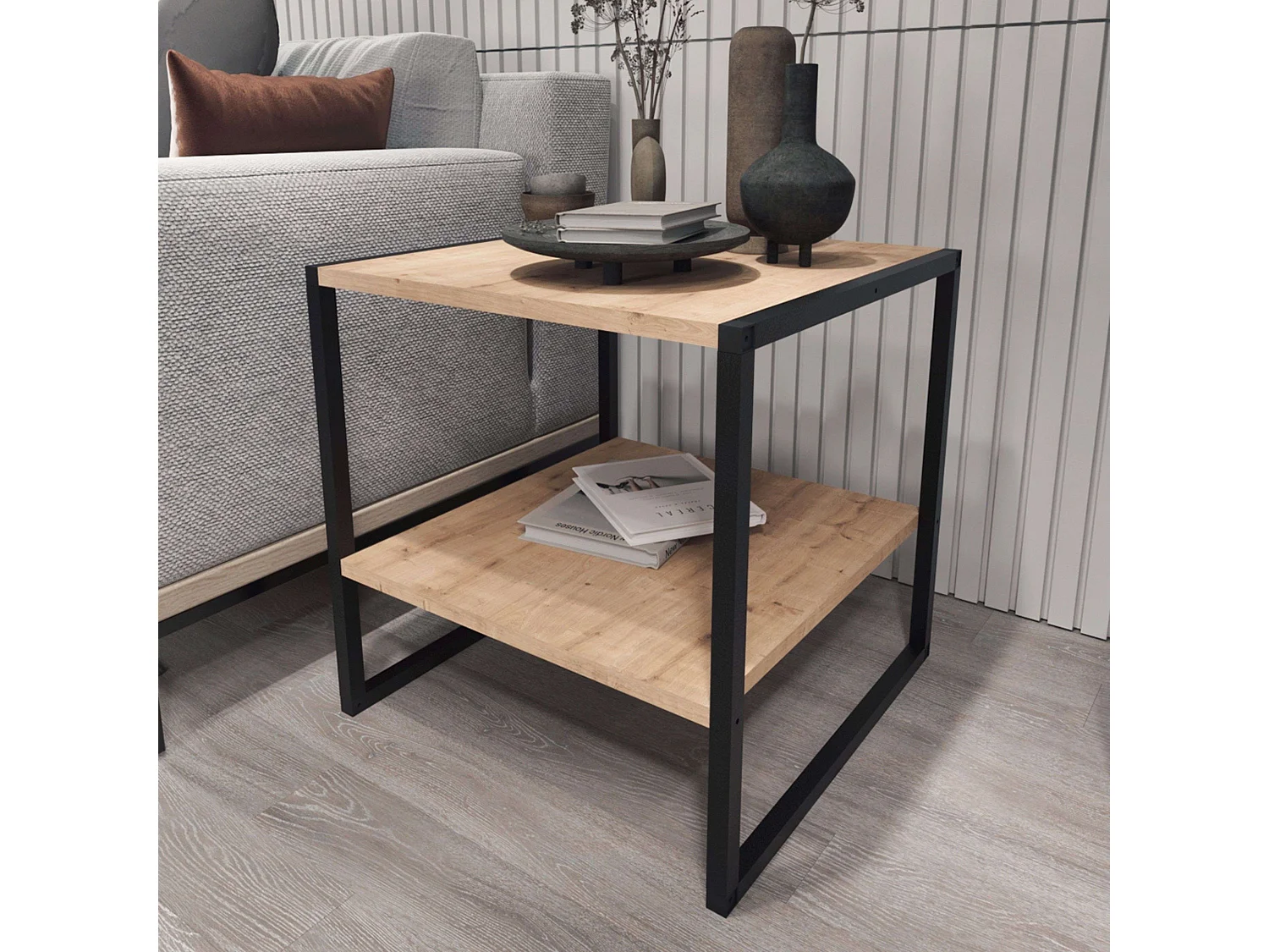 Mesa Centro Salón Rus Base Negra y Roble Safir 50 cm