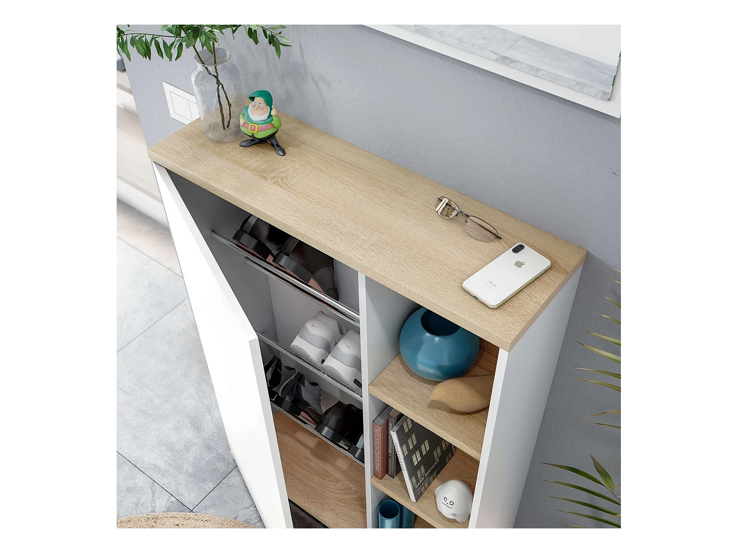 Móveis de corredor Adhara com espelho nórdico em branco/carvalho, 1 porta, 2 prateleiras