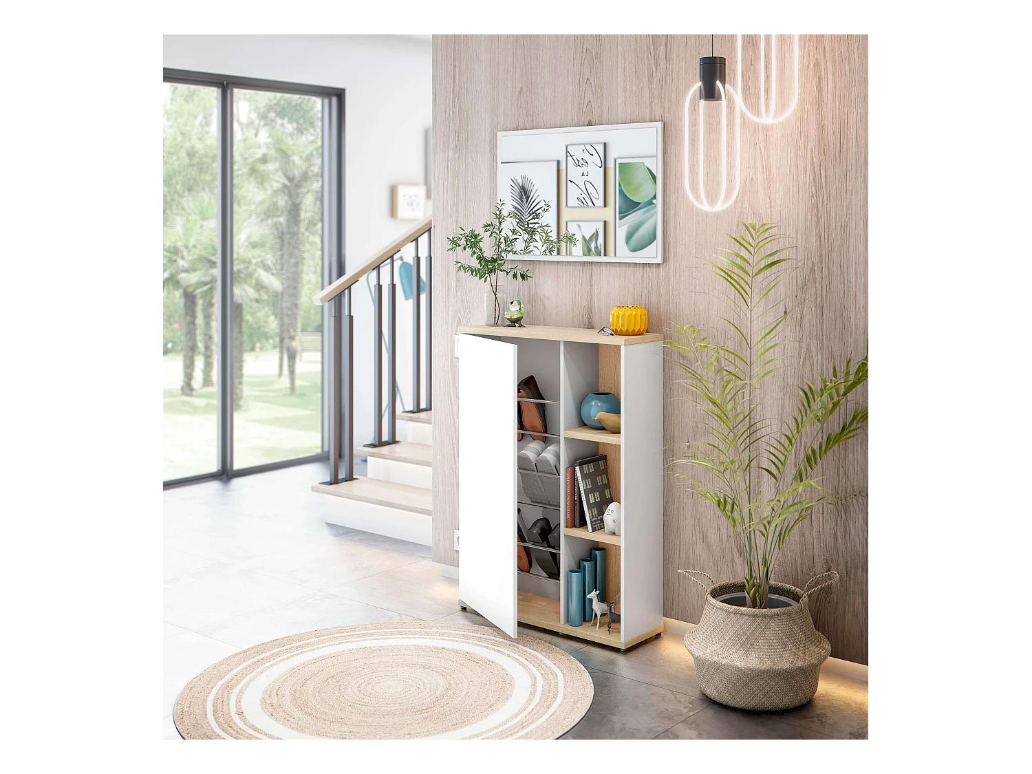 Móveis de corredor Adhara com espelho nórdico em branco/carvalho, 1 porta, 2 prateleiras