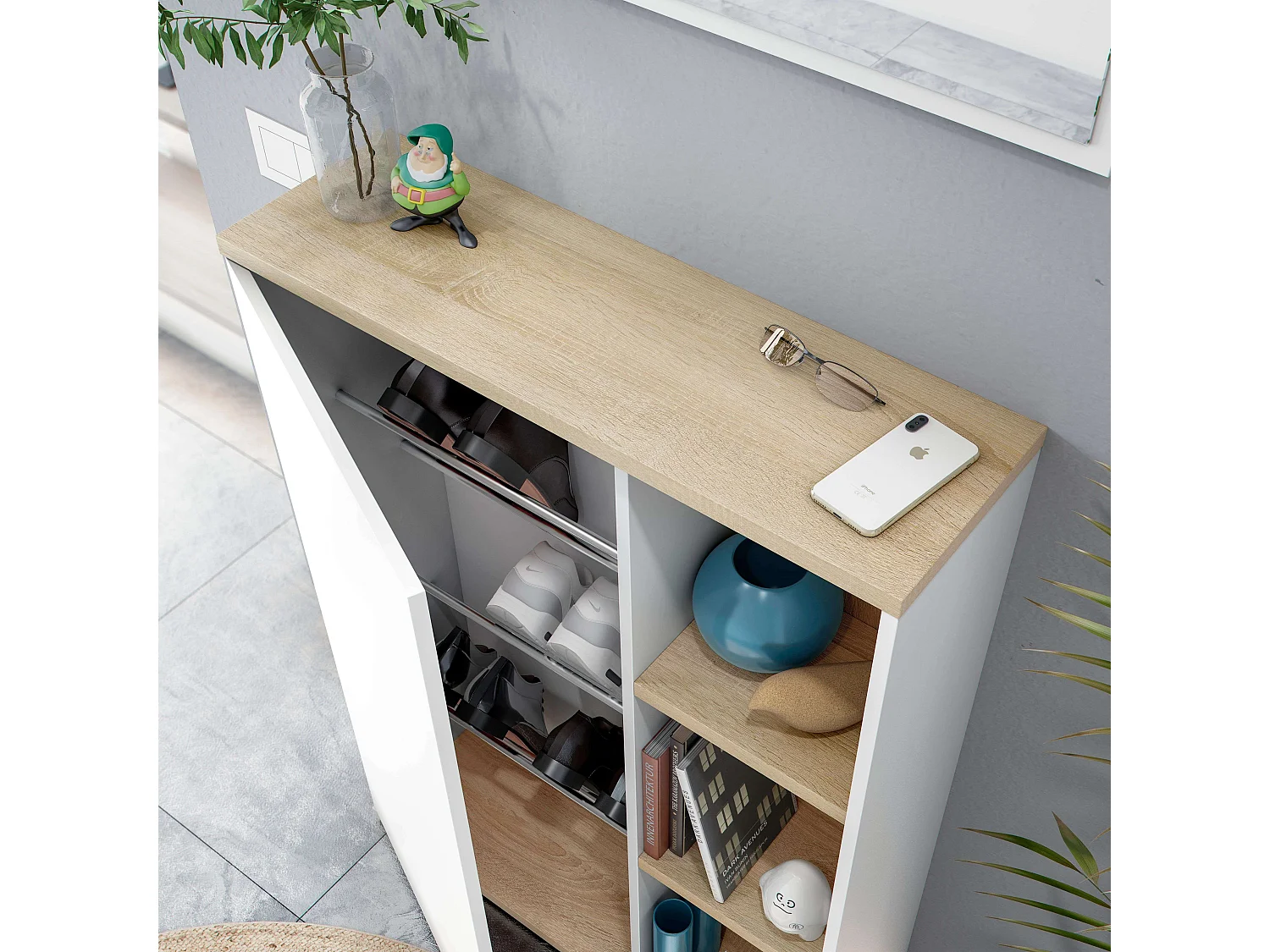 Móveis de corredor Adhara com espelho nórdico em branco/carvalho, 1 porta, 2 prateleiras