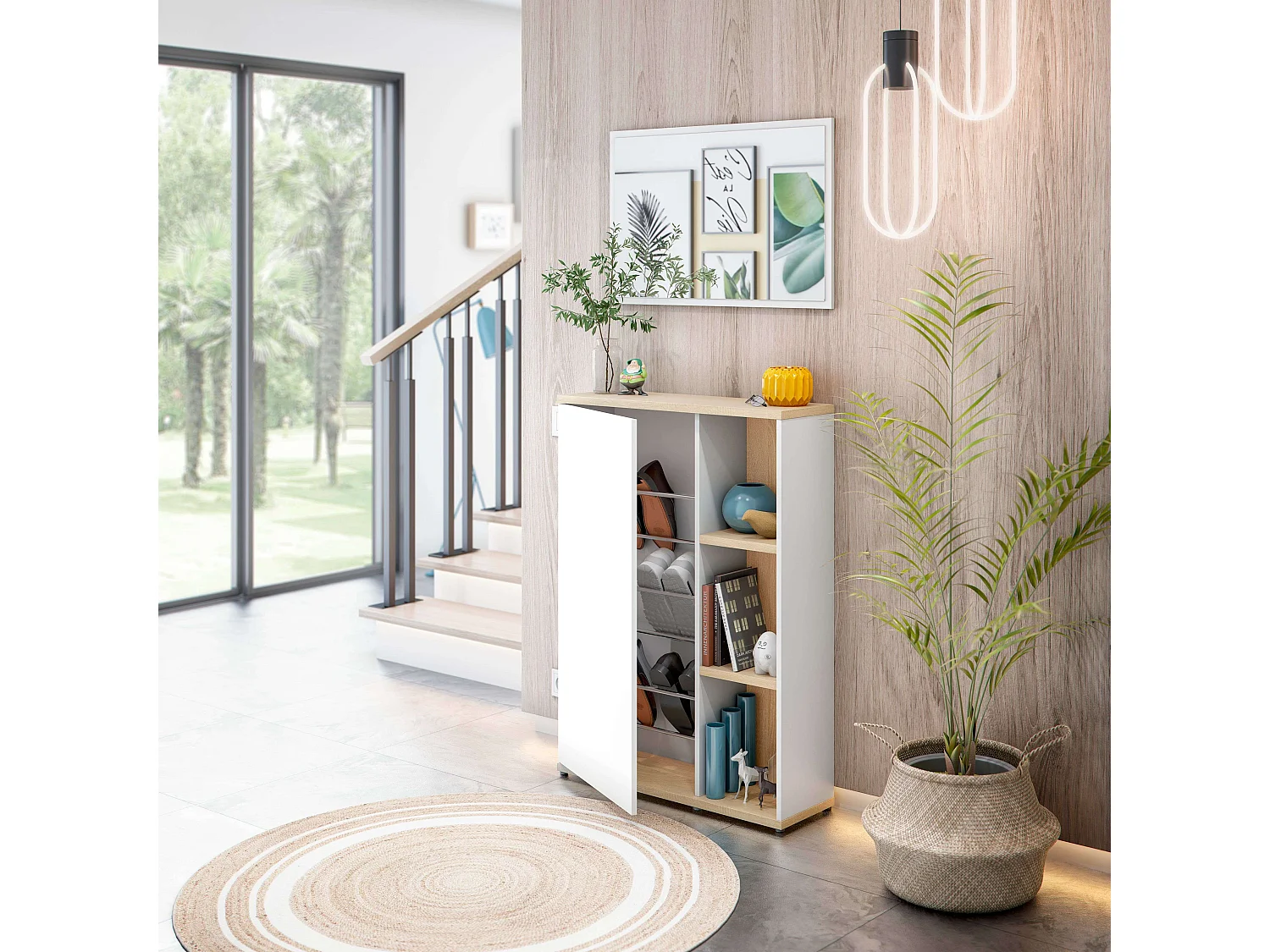 Móveis de corredor Adhara com espelho nórdico em branco/carvalho, 1 porta, 2 prateleiras