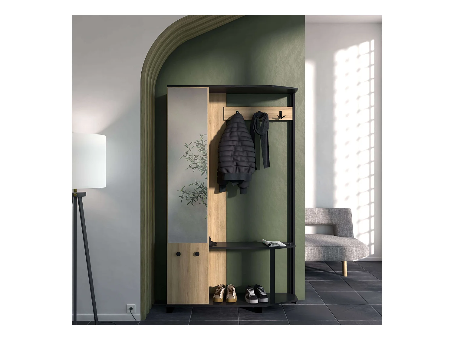 Cobbler Perchero Recibidor, 3 Ganchos, Estante, Armario y Espejo 105 cm