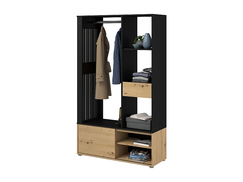 Mueble perchero Void recibidor cajón puerta corredera roble y negro 110x183x40 cm