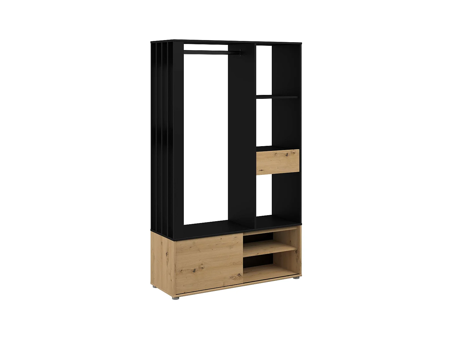 Cabide vazio com gaveta, porta de correr, carvalho e preto, 110x183x40 cm