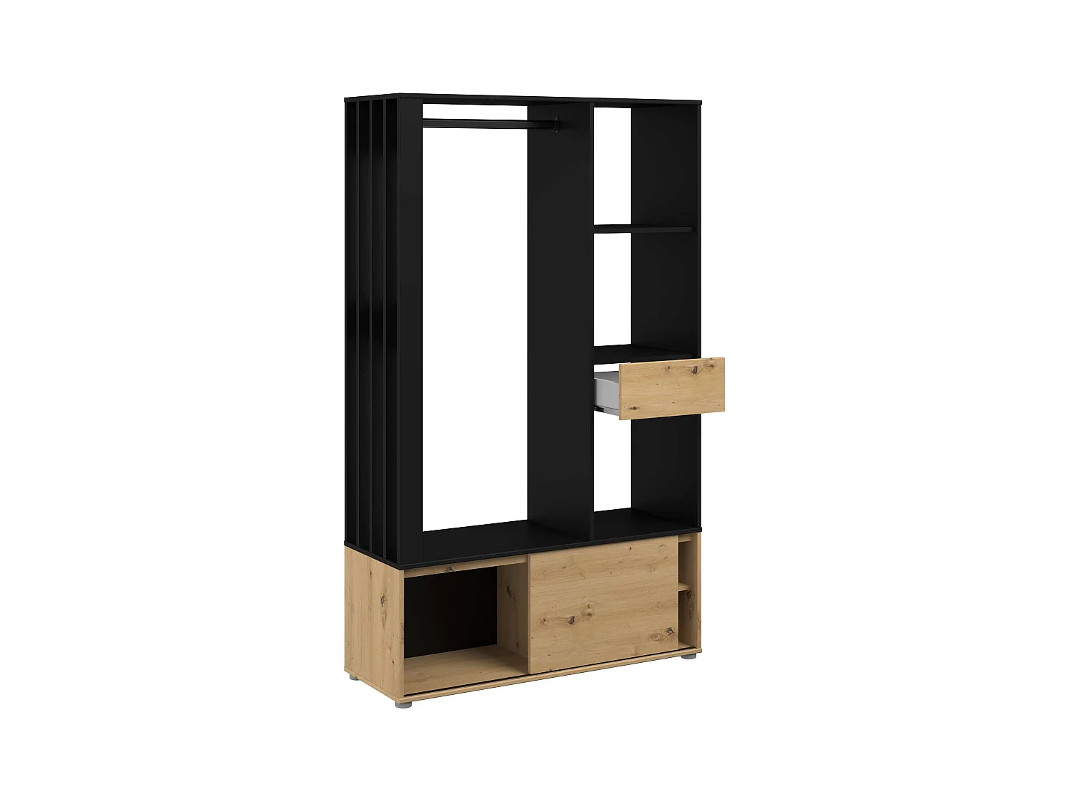 Cabide vazio com gaveta, porta de correr, carvalho e preto, 110x183x40 cm