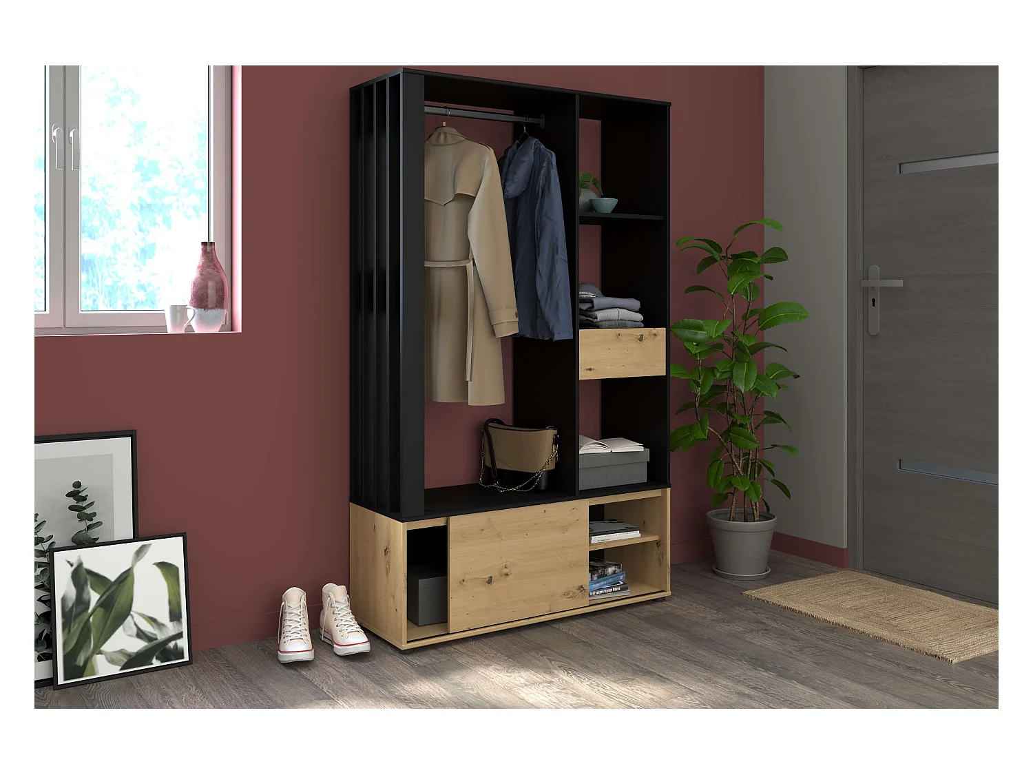 Cabide vazio com gaveta, porta de correr, carvalho e preto, 110x183x40 cm