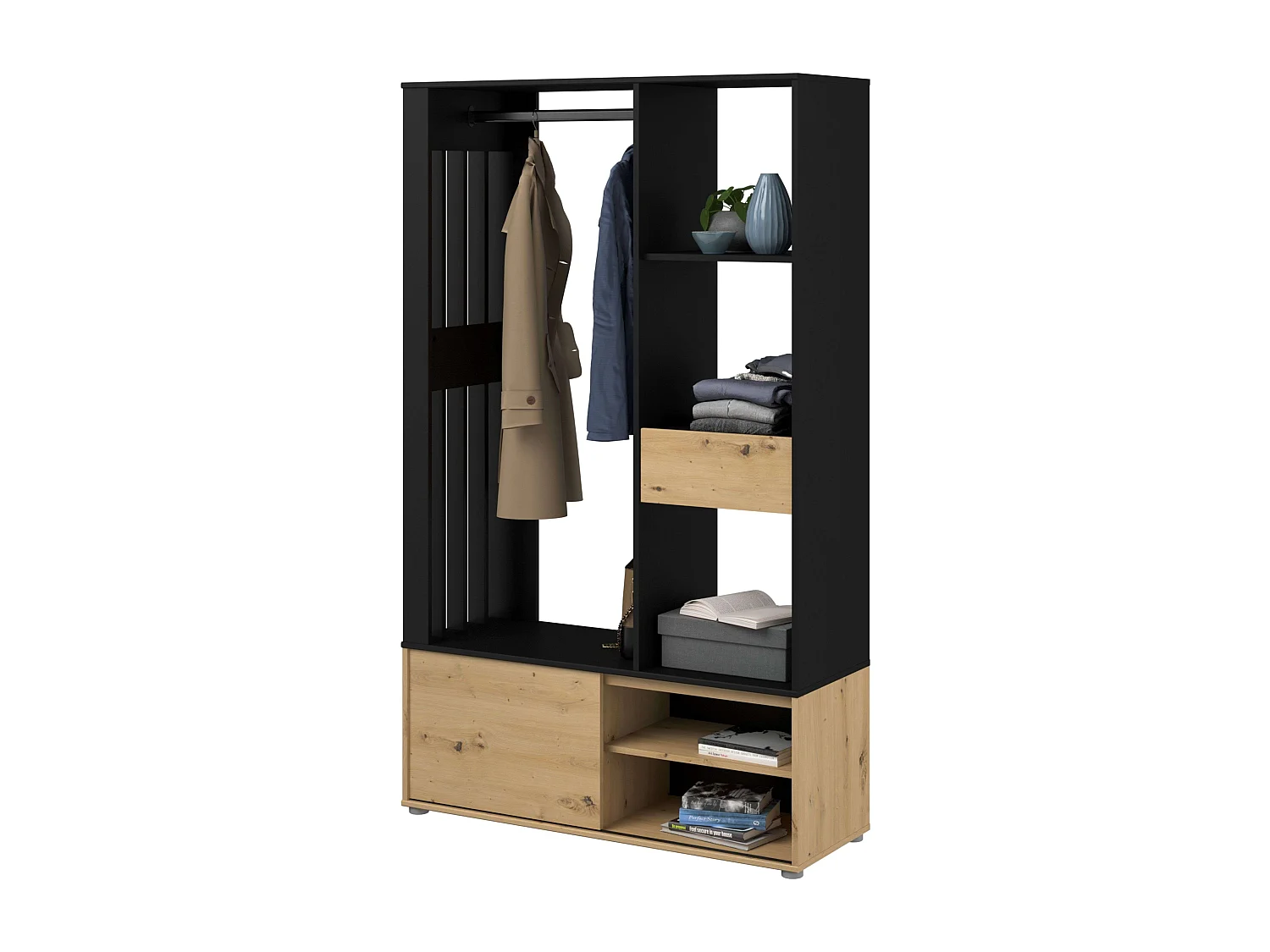 Mueble perchero Void recibidor cajón puerta corredera roble y negro 110x183x40 cm