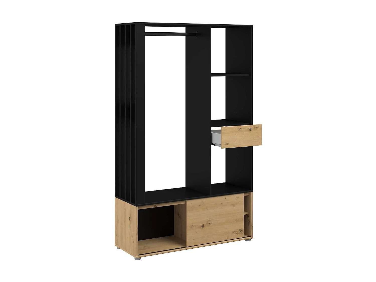 Mueble perchero Void recibidor cajón puerta corredera roble y negro 110x183x40 cm