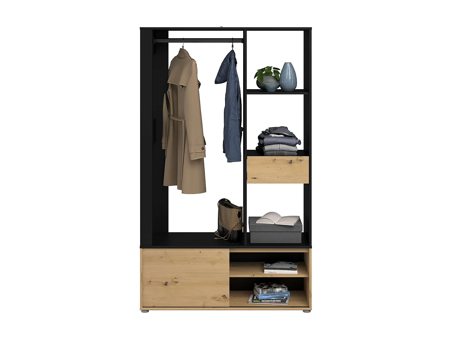 Mueble perchero Void recibidor cajón puerta corredera roble y negro 110x183x40 cm