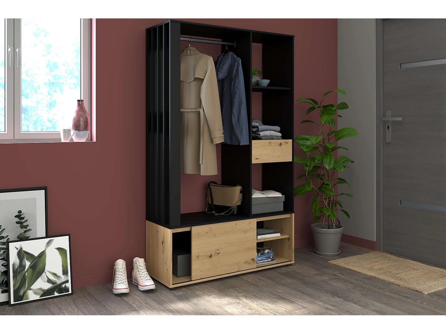 Mueble perchero Void recibidor cajón puerta corredera roble y negro 110x183x40 cm