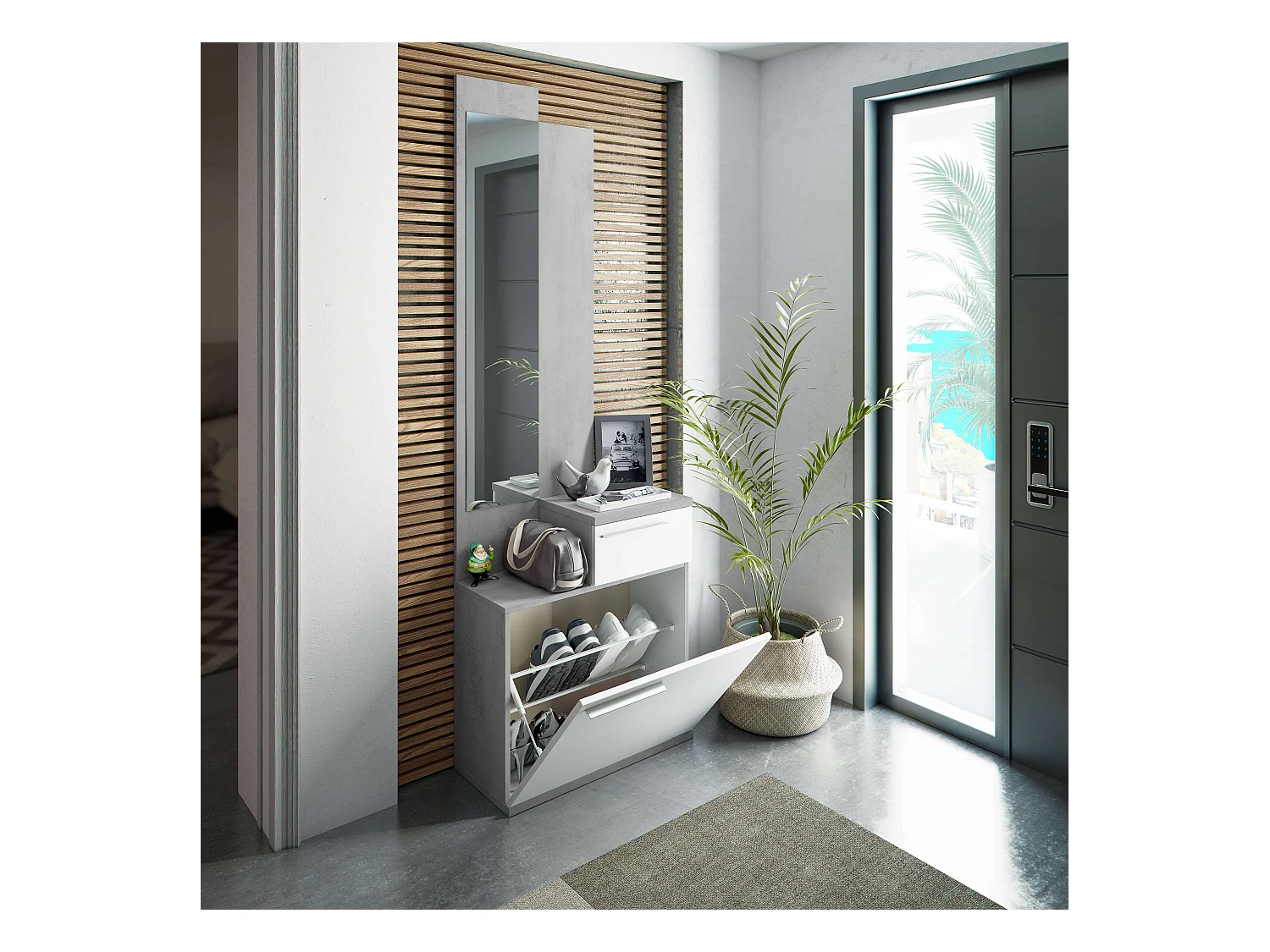 Miroir et étagère à chaussures en ciment Karen White Artik 61x185x28 cm