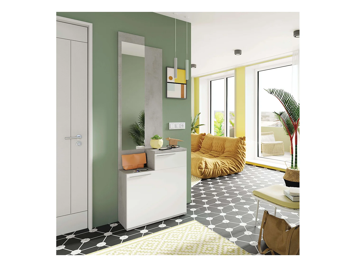 Miroir et étagère à chaussures en ciment Karen White Artik 61x185x28 cm