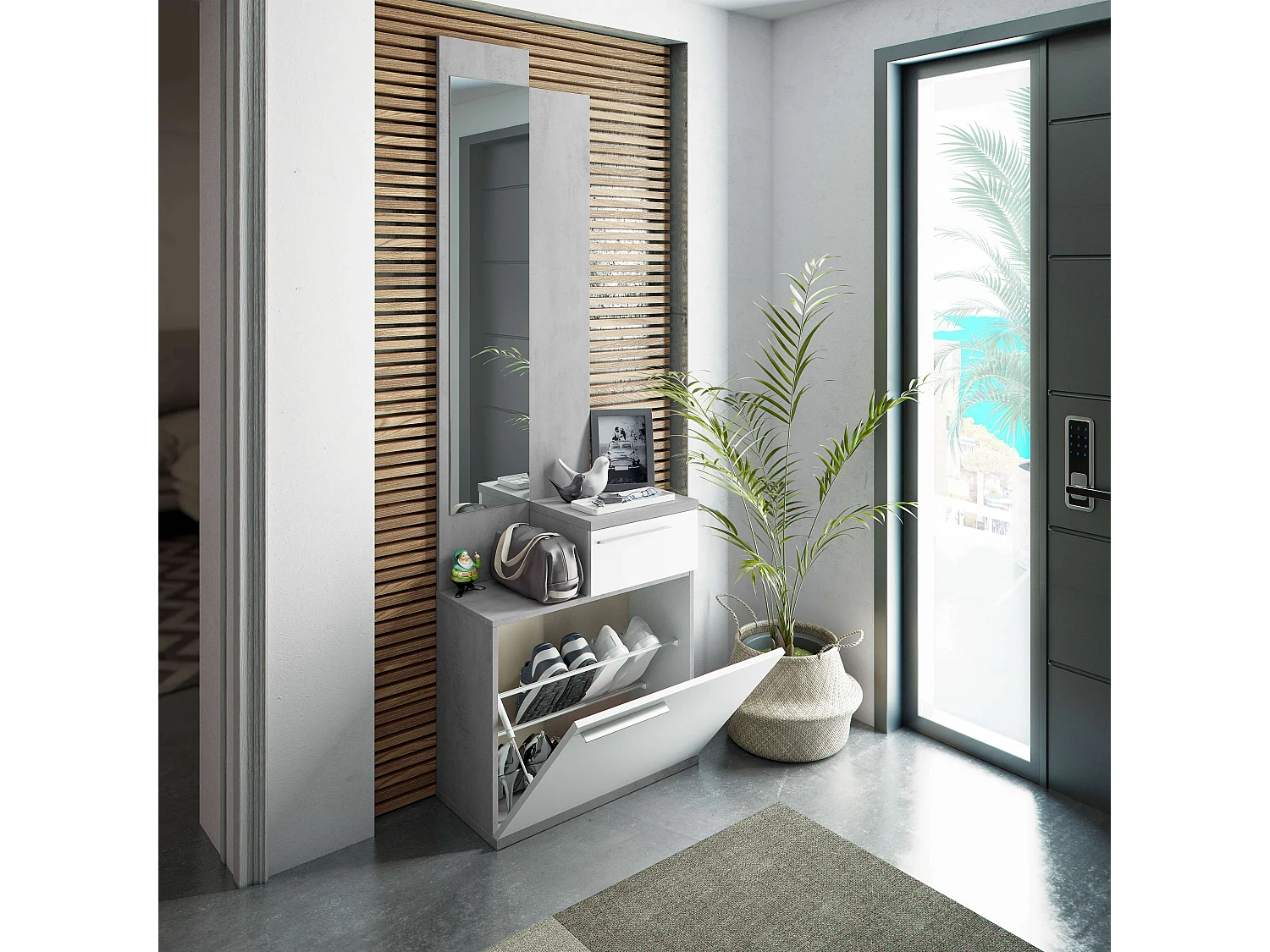 Espelho e sapateira de cimento Karen White Artik 61x185x28 cm