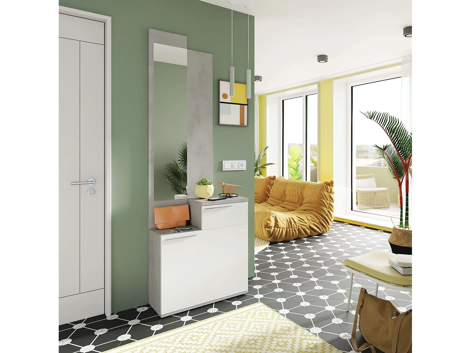 Espelho e sapateira de cimento Karen White Artik 61x185x28 cm