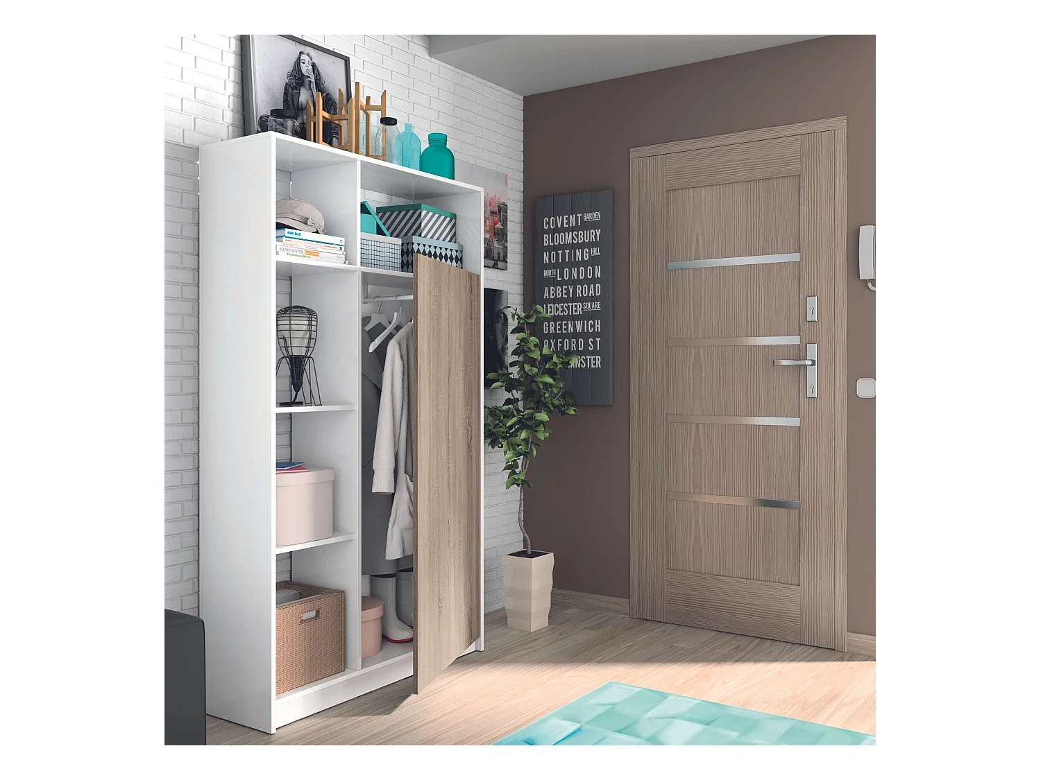 Mueble Entrada Neo Moderno Blanco Mate y Roble, 100 cm