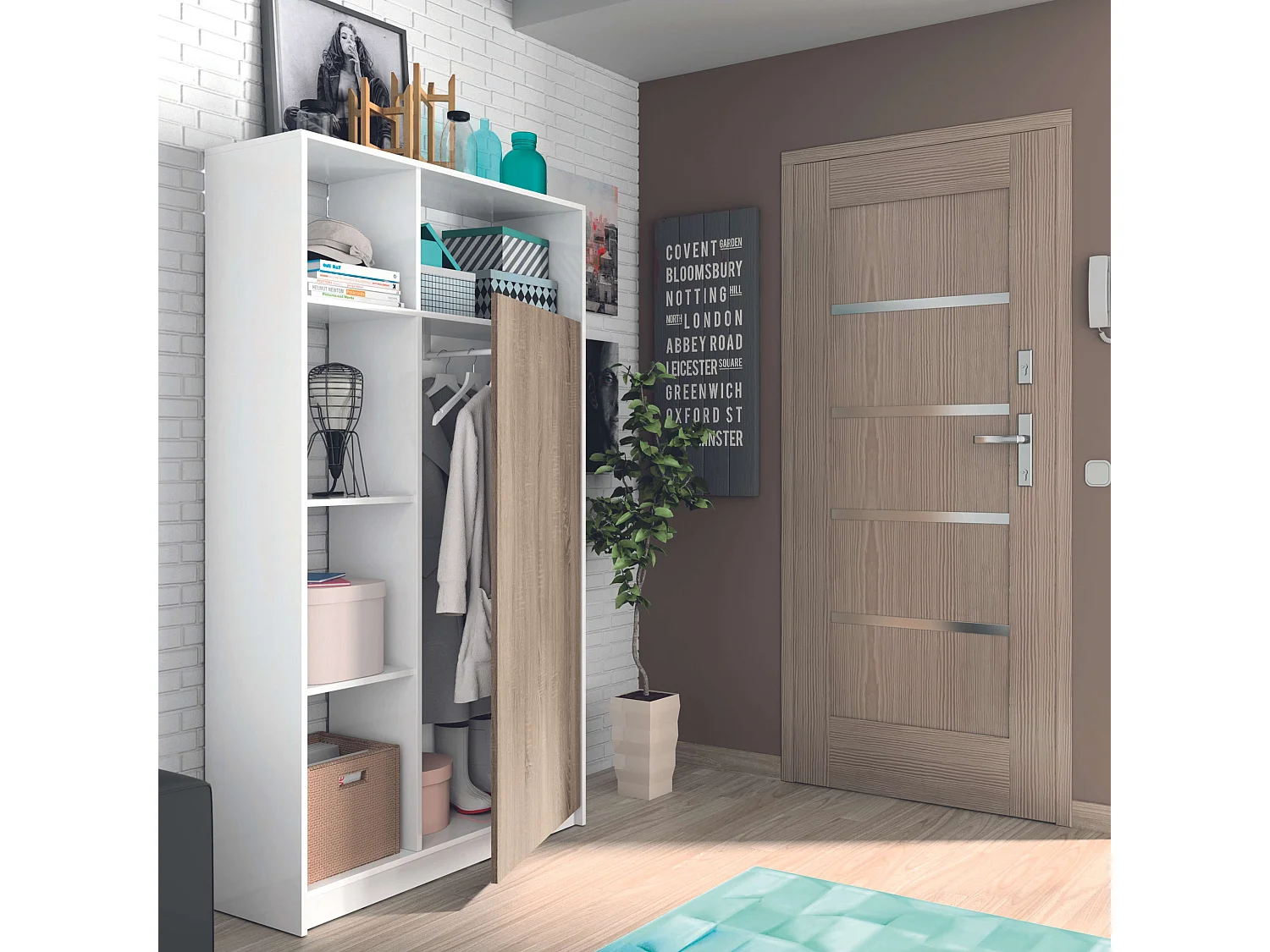 Mueble Entrada Neo Moderno Blanco Mate y Roble, 100 cm